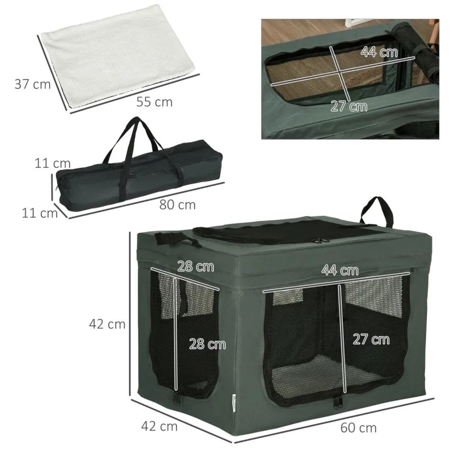 Graue PawHut Hundetasche mit Meshfenstern, Kissen und Tragetasche. Faltbare Transportbox für Hunde & Katzen, 60x42x42 cm.