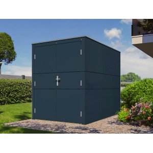 Modernes, anthrazitfarbenes Bertilo Gartenhaus HPL Bike Port (155x229cm) im Garten.