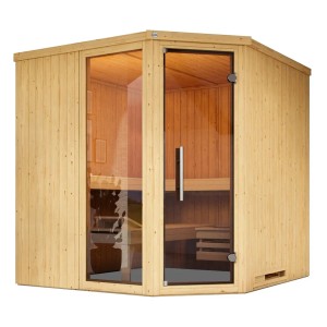 Weka Element-Ecksauna Varberg mit Glastür und Fenster, Fichtenholz natur, inkl. Ofen und Liegen.