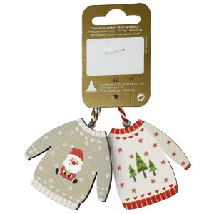 2er-Pack Deko-Pullover aus Holz zum Aufhängen mit Weihnachtsmotiven.