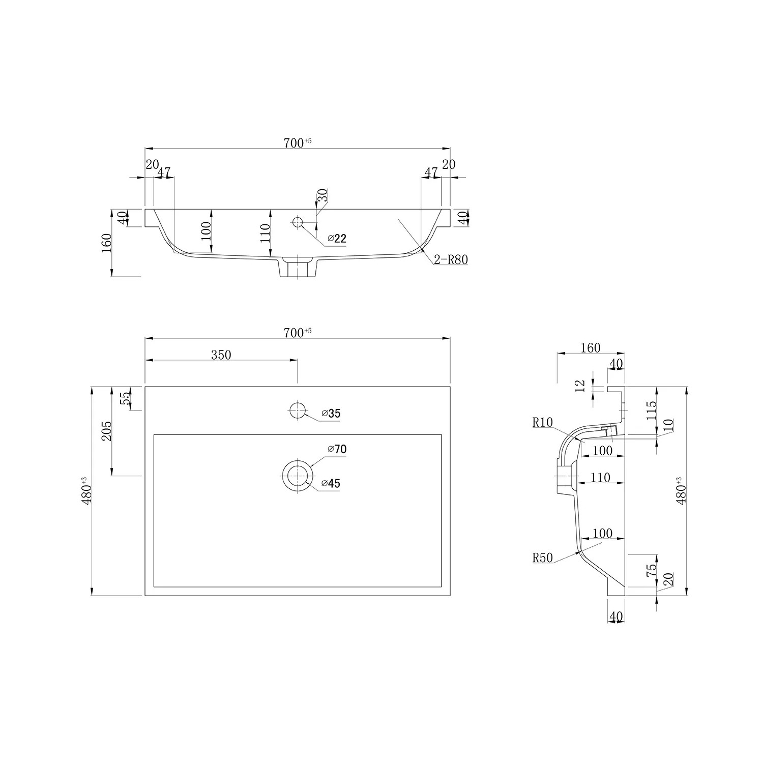 Technische Zeichnung: Posseik Fellini 70 Badmöbel-Set, Waschbeckenunterschrank mit Maßen.