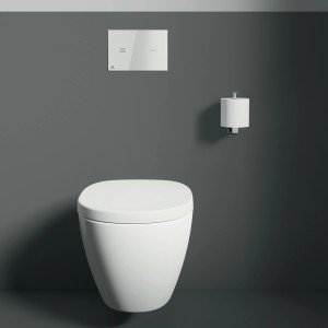 Ideal Standard IOM Cube Papierhalter Chrom mit WC und Betätigungsplatte an grauer Wand.