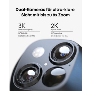 Eufy S340 Sicherheitskamera mit Dual-Objektiven: 3K Weitwinkel und 2K Tele für 8x Zoom. Klare Videoüberwachung.