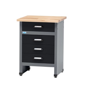 Küpper Werkbank mit 4 Schubladen, schwarz-hellgraues Metallgestell, Buchenholzplatte.