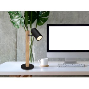 Globo Design-Tischlampe Herti, dunkelbraunes Holz und schwarzes Metall, 35 cm hoch.