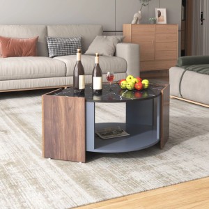 Moderner Couchtisch mit schwarzer Marmorplatte, Walnuss-Optik und praktischer Ablage. Ideal für Wohnzimmer.