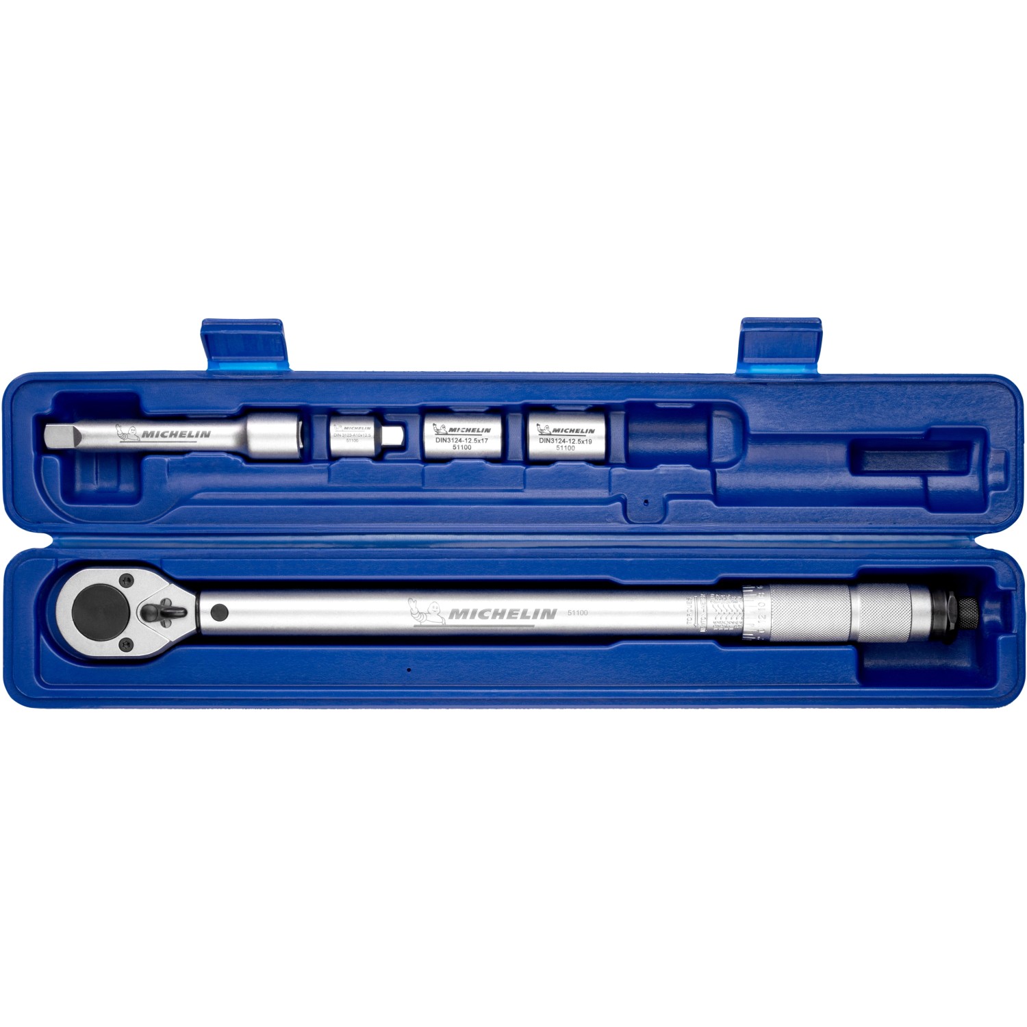 Michelin Drehmomentschlüssel MTW 210 mit Zubehör im blauen Koffer.