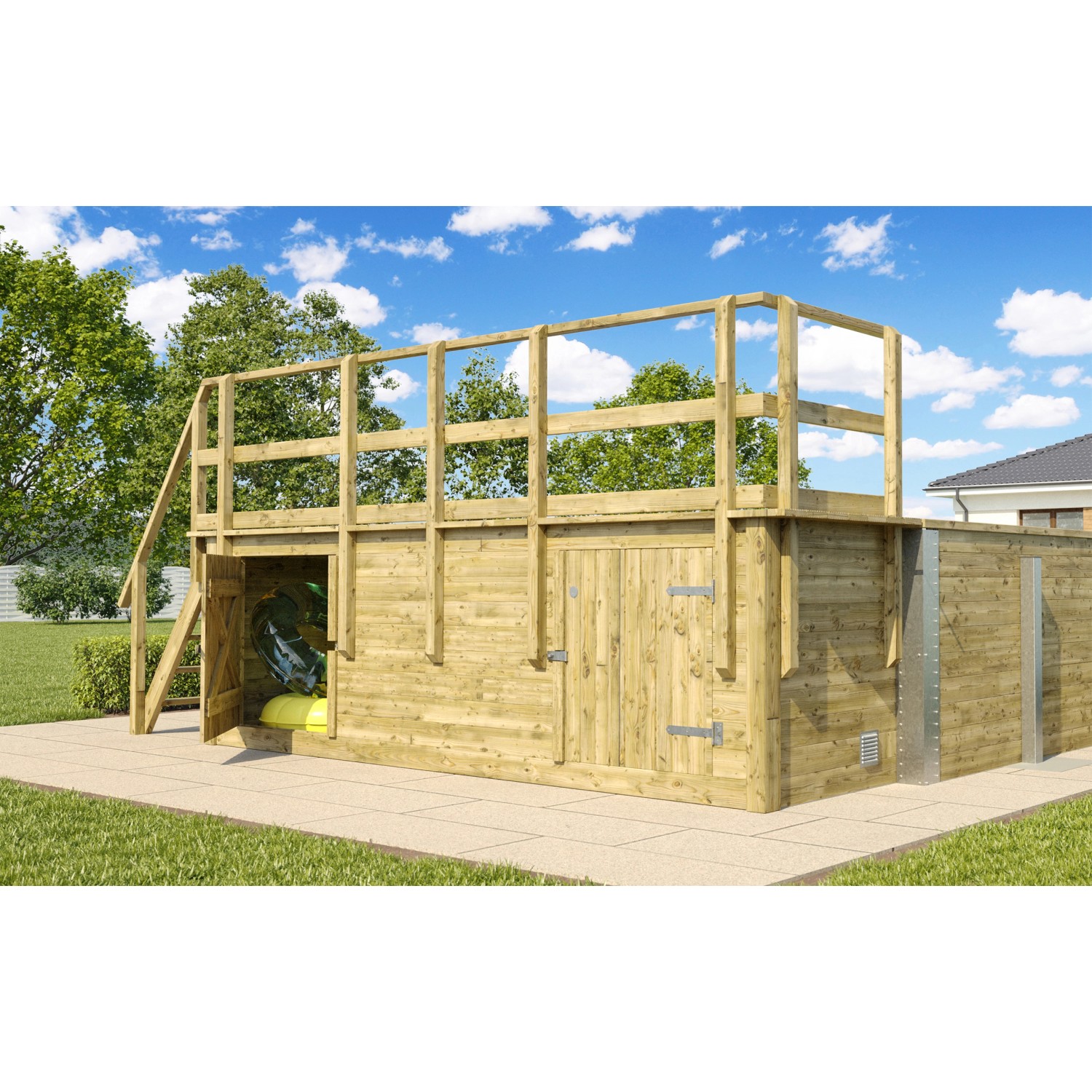 Weka Holzpool mit Sonnendeck, Technikraum und Sandfilteranlage, 490x309x203 cm.