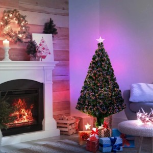 120 cm künstlicher Christbaum mit farbiger LED Lichtfaser Beleuchtung und Sternspitze, festlich dekoriert.