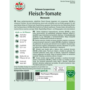 Sperli Saatgut Fleisch-Tomate Marmande: Samenpackung mit orange-roten Tomaten. Ideal für Gewächshaus und Freiland.
