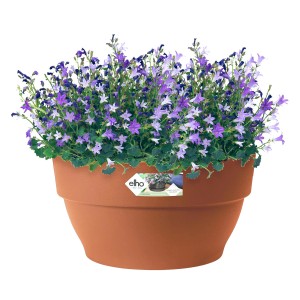 Elho Blumentopfschale Vibia Campana, Ø 34cm, Terrakotta, mit lila blühenden Pflanzen.