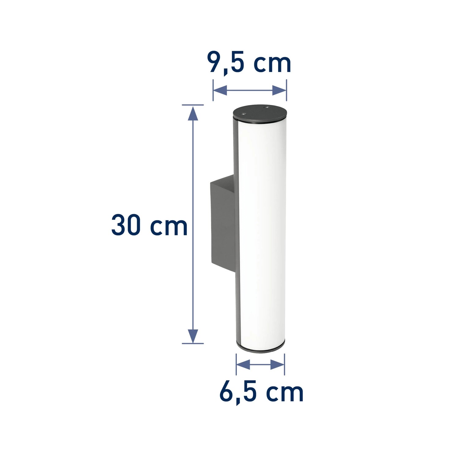 Dunkelgraue OBI LIGHTING LED-Außenwandleuchte Luino mit Maßangaben.