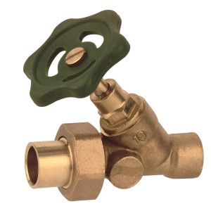 Glänzendes Messing Schrägsitzventil (18 mm) ohne Entleerung mit grünem Griff.