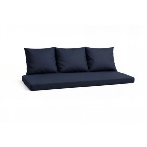 Marineblaues Bankkissen-Set für 3-Sitzer Gartenbank, bestehend aus Sitzkissen und 3 Rückenkissen.
