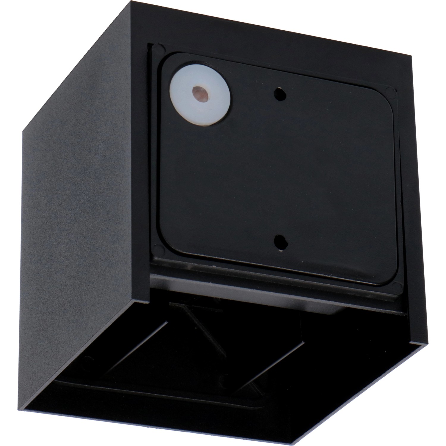 Schwarze, eckige LED Außenwandleuchte (10x10x9,9cm) für Garten & Fassade.