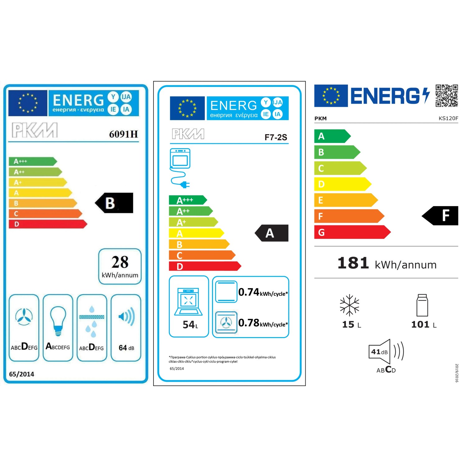 Energieetiketten für PKM-Geräte: Backofen 6091H (B), Herd F7-2S (A), Kühlschrank KS120F (F).