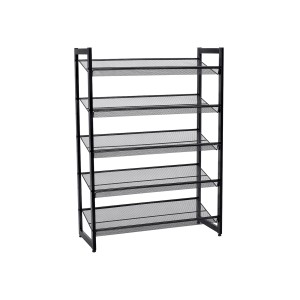 Schwarzes Songmics Schuhregal mit 5 Ebenen aus Metall, ideal für Flur und Schlafzimmer.