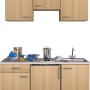 Flex-Well Classic Küchenzeile Nano 150 cm in Buche Nachbildung mit Spüle und Kochfeld.