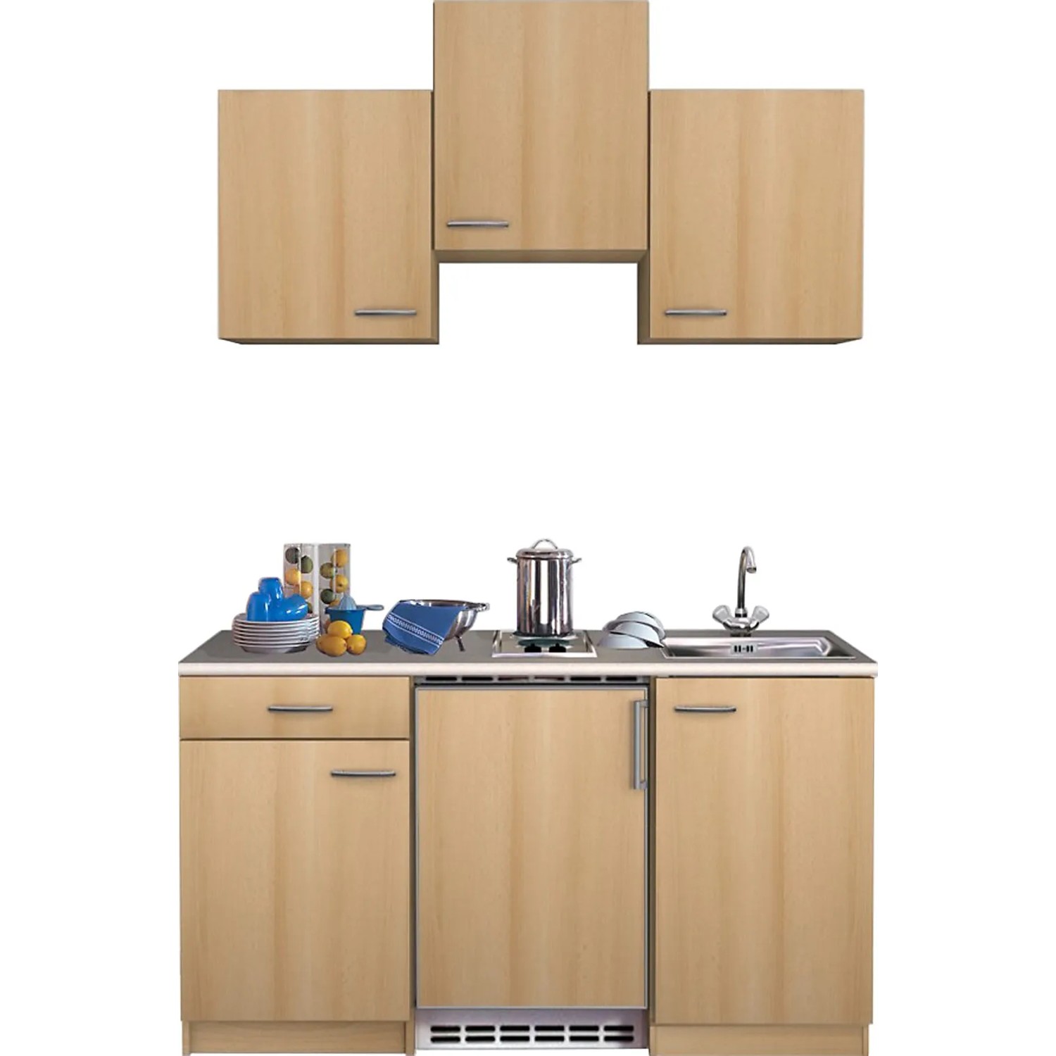 Flex-Well Classic Küchenzeile Nano 150 cm in Buche Nachbildung mit Spüle und Kochfeld.