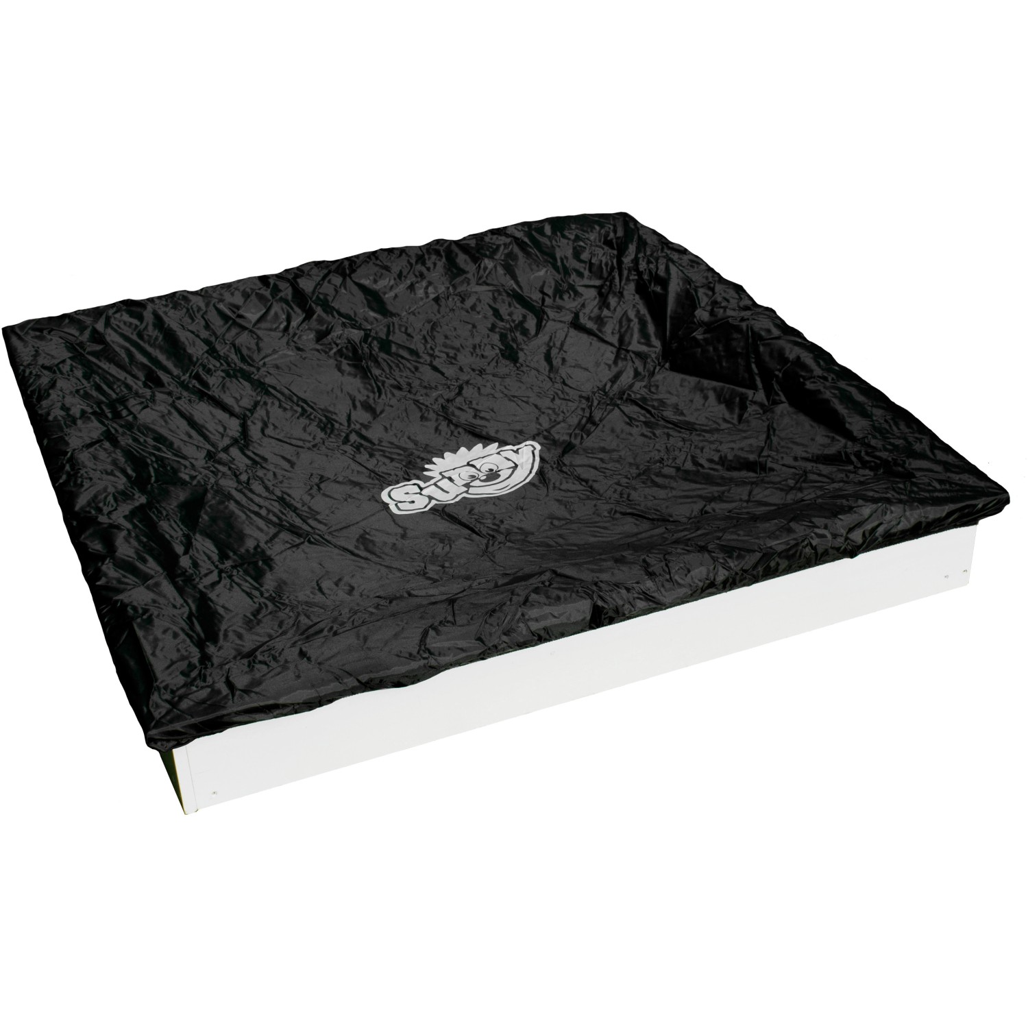 Abgedeckter Sunny Sandy Sandkasten mit Rennbahn Design, schwarz-weiße Abdeckung.