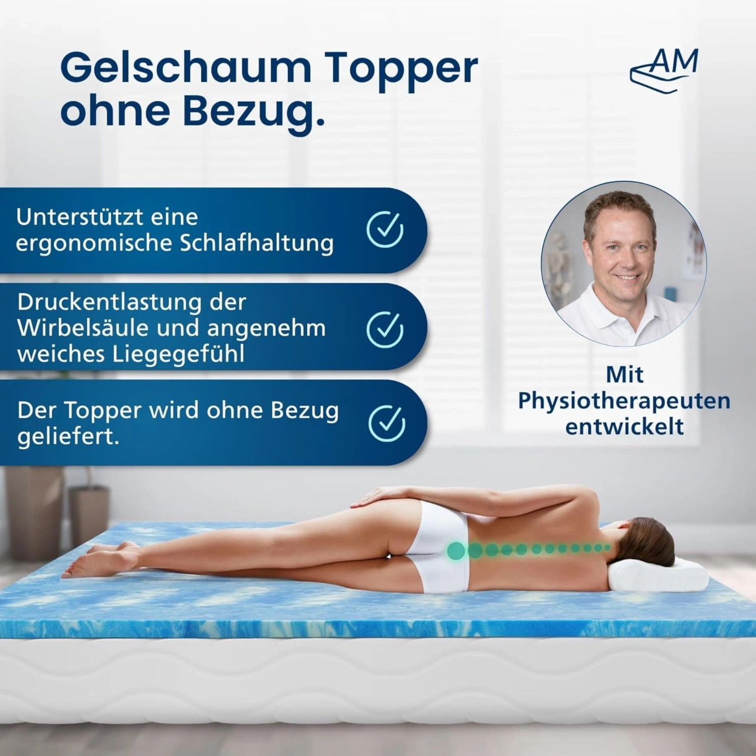 Frau liegt auf blauem Gelschaum Topper, der die Wirbelsäule ergonomisch stützt. Mit Physiotherapeuten entwickelt.