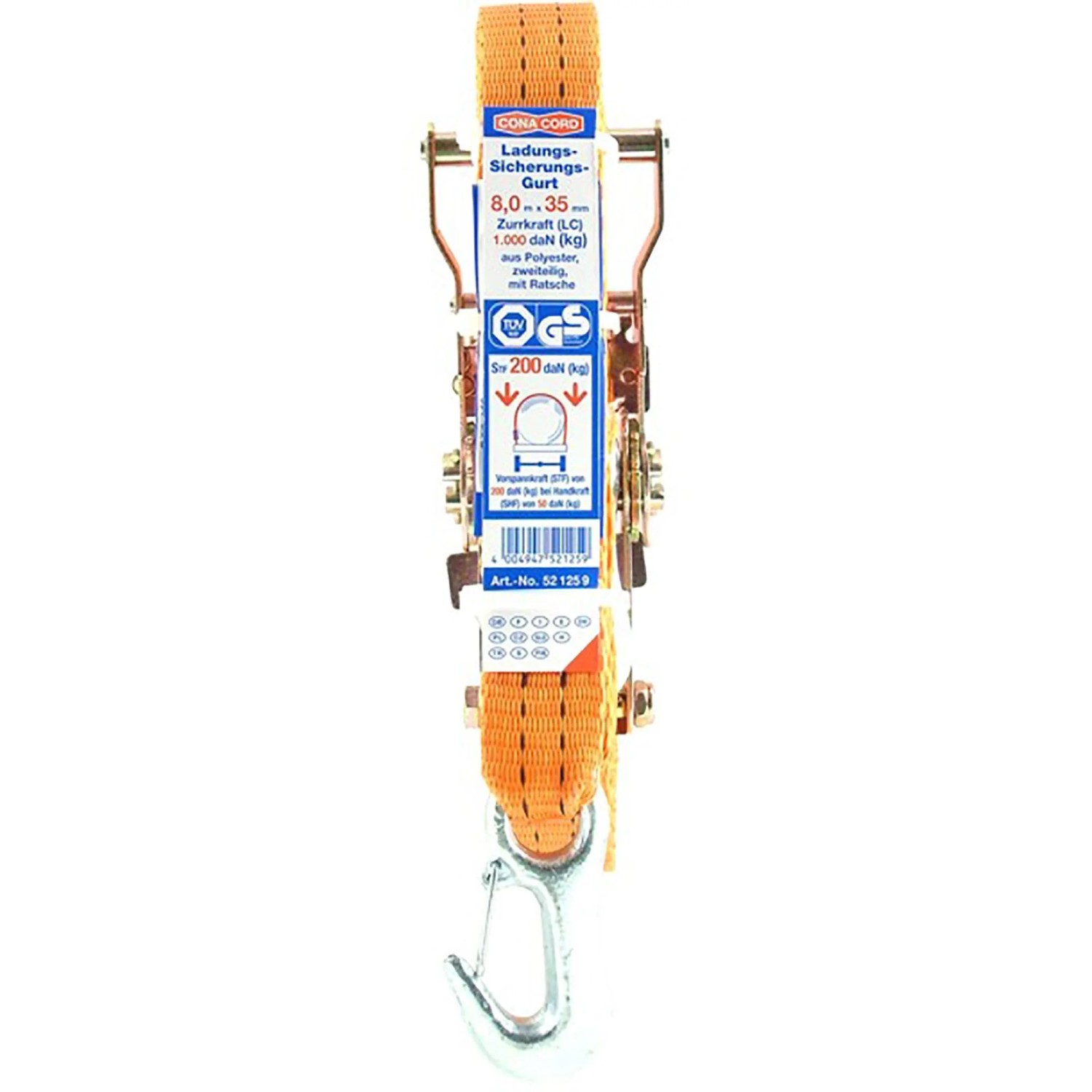 Oranger Conacord Spanngurt mit Ratsche und Haken, 8 m lang, 1000 kg Zurrkraft für Ladungssicherung.