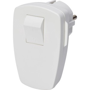 Weißer Schutzkontakt-Stecker mit Schalter für den Innenbereich.