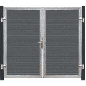 Doppeltor Artura WPC Schiefergrau mit grauschwarzen Pfosten, 213x175cm. Gartentor mit Holzstruktur.