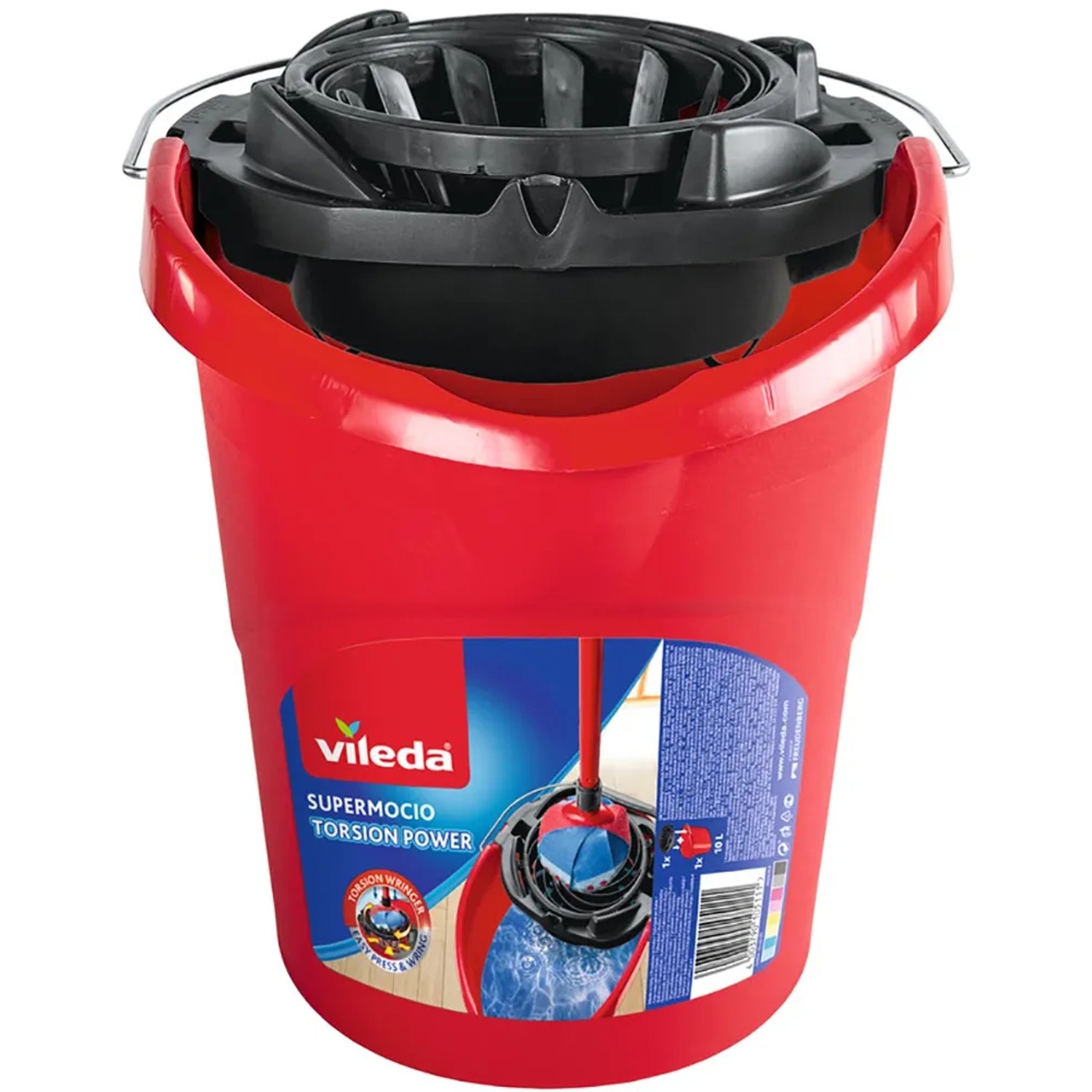 Roter Vileda SuperMocio Wischeimer mit PowerPress Auswringer für Reinigungsgeräte.