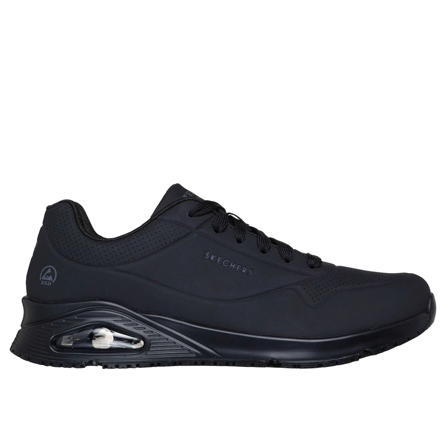 Schwarzer Skechers Sutal Uno SR Herren Arbeitsschuh mit Schnürung, sichtbarer Skech-Air Dämpfung und rutschhemmender Sohle.