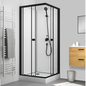 Aurlane Komplettduschkabine Essential 80x80 mit schwarzem Rahmen, Handbrause und weißen Glaswänden.