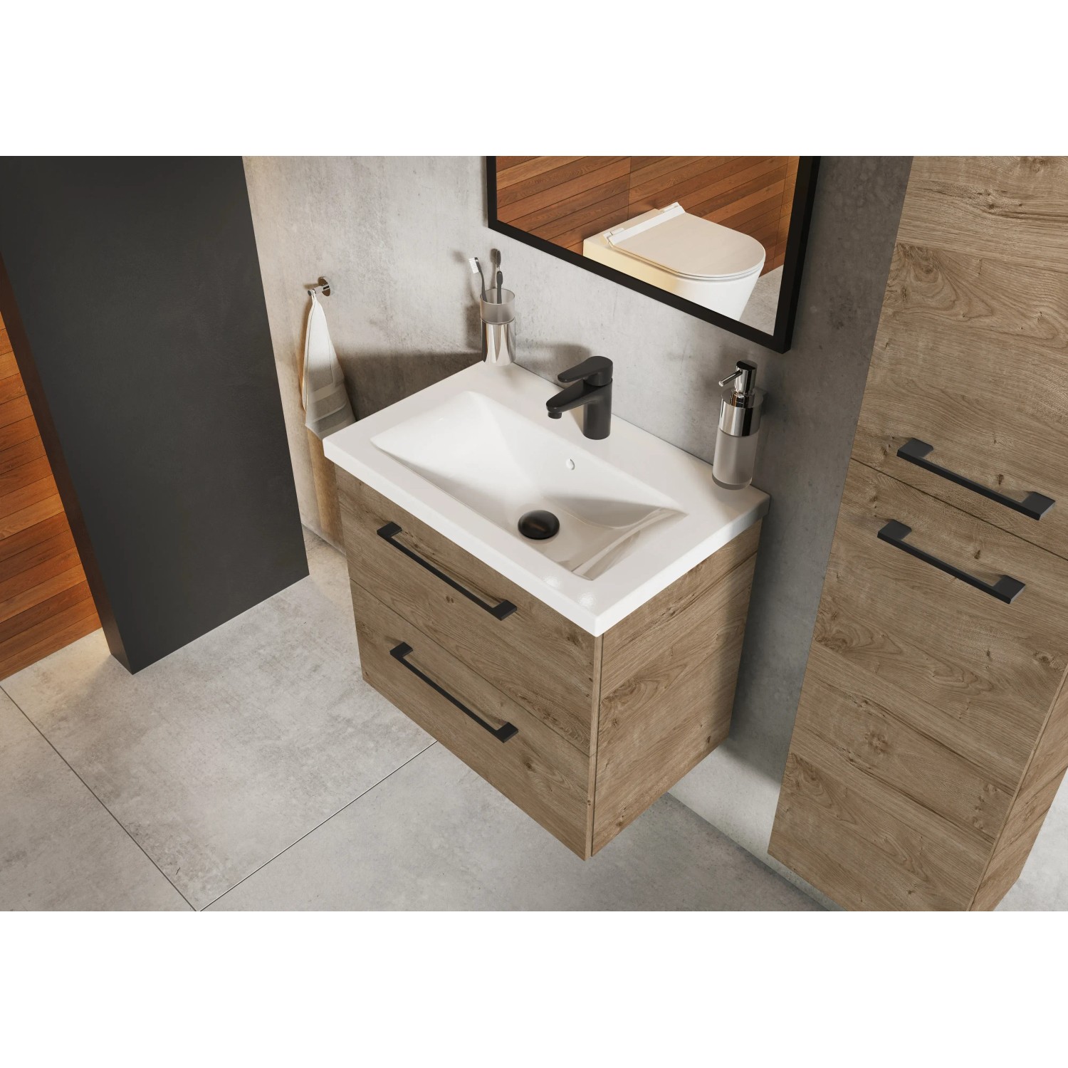 Maximus Waschbeckenunterschrank CHEESE Eiche, 60 cm breit, mit zwei Schubladen und Softclose.