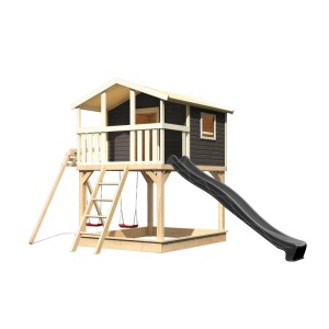 Karibu Stelzenhaus Benjamin mit Rutsche u. Doppelschaukelanbau Natur-Grau