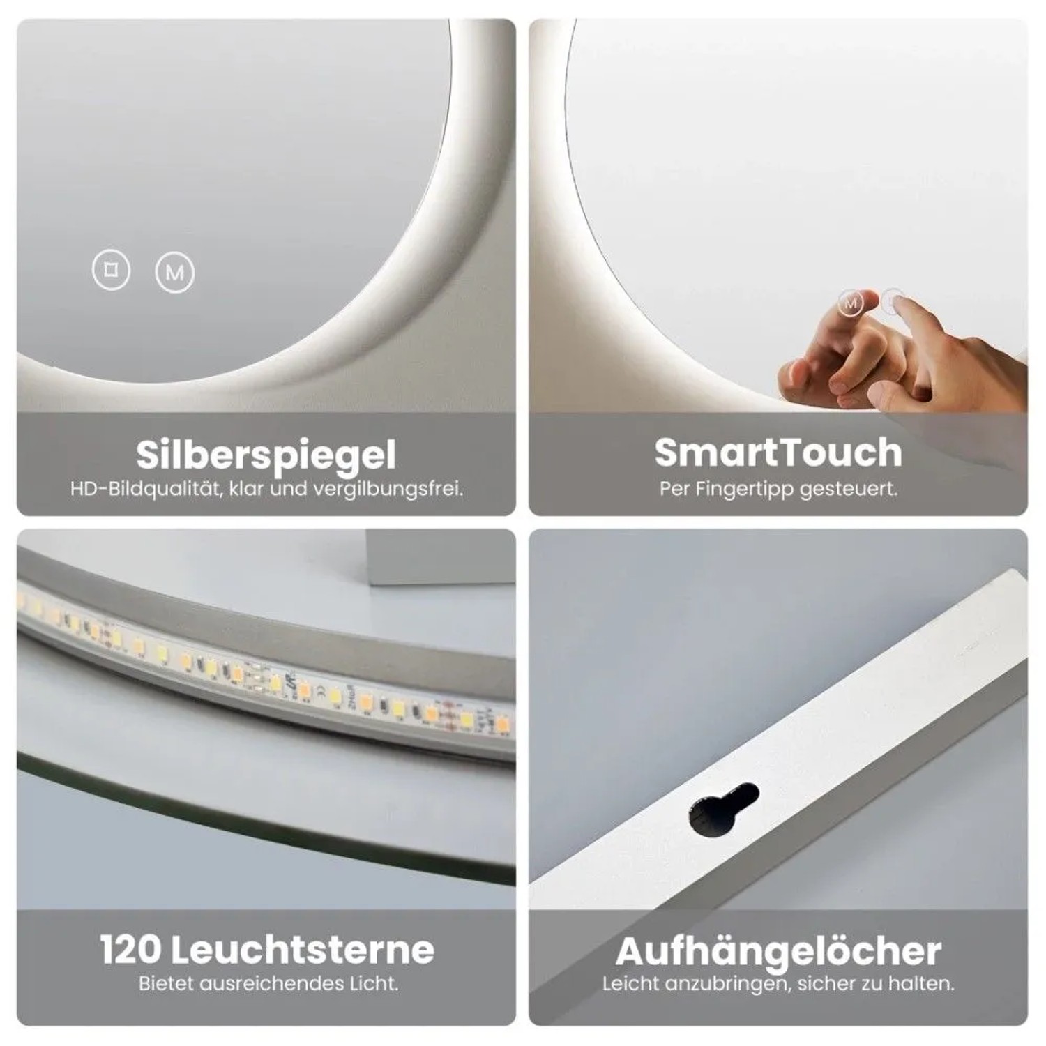 Emke Rund Badspiegel 50cm: Touch-Steuerung, LED-Beleuchtung, Montage. Dimmbarer Badezimmerspiegel mit 3 Lichtfarben.