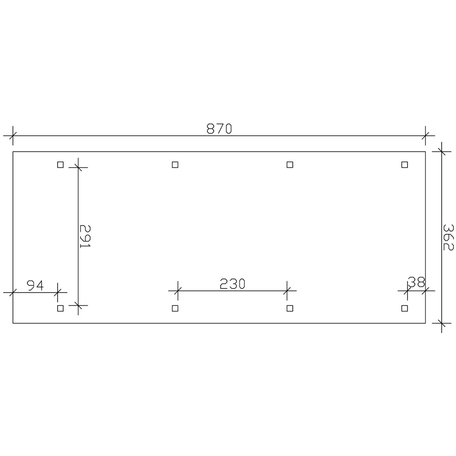 Skizze des Skan Holz Carport Wendland (362x870cm) mit Maßangaben für die Pfostenpositionen.