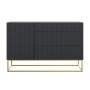 Modernes Selsey Sideboard Veldio, schwarz, geriffelte Fronten, 3 Schubladen, 1 Tür, goldene Beine.