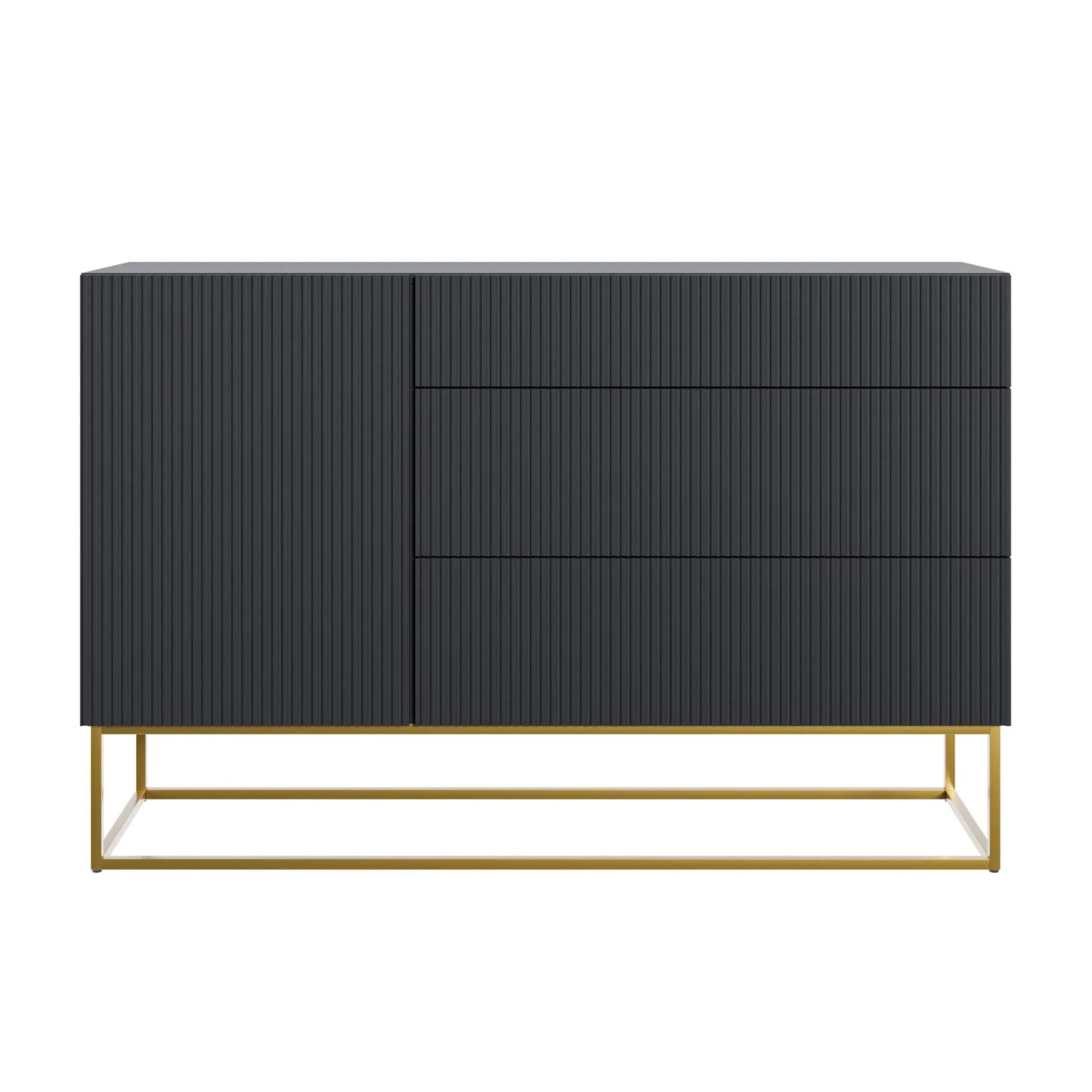 Modernes Selsey Sideboard Veldio, schwarz, geriffelte Fronten, 3 Schubladen, 1 Tür, goldene Beine.