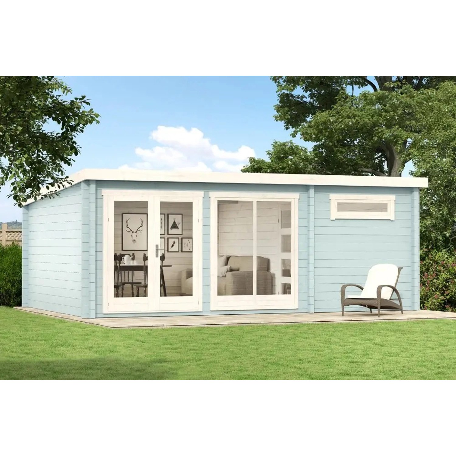 Helles Carlsson Gartenhaus Atrium-E mit Pultdach, unbehandelt, 578x371 cm, mit Fenster und Glastür.