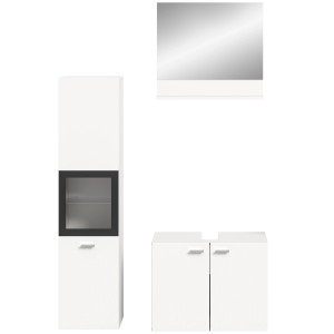 Weiße Badkombination mit Waschbeckenunterschrank, Hängeschrank und Spiegel. Modernes Badmöbel-Set.