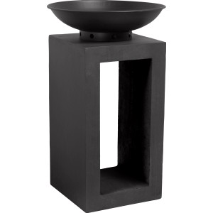 Schwarze Feuerschale (Ø 40 cm) auf Fibreclay-Konsole (66 cm hoch) mit Brennholzlager.