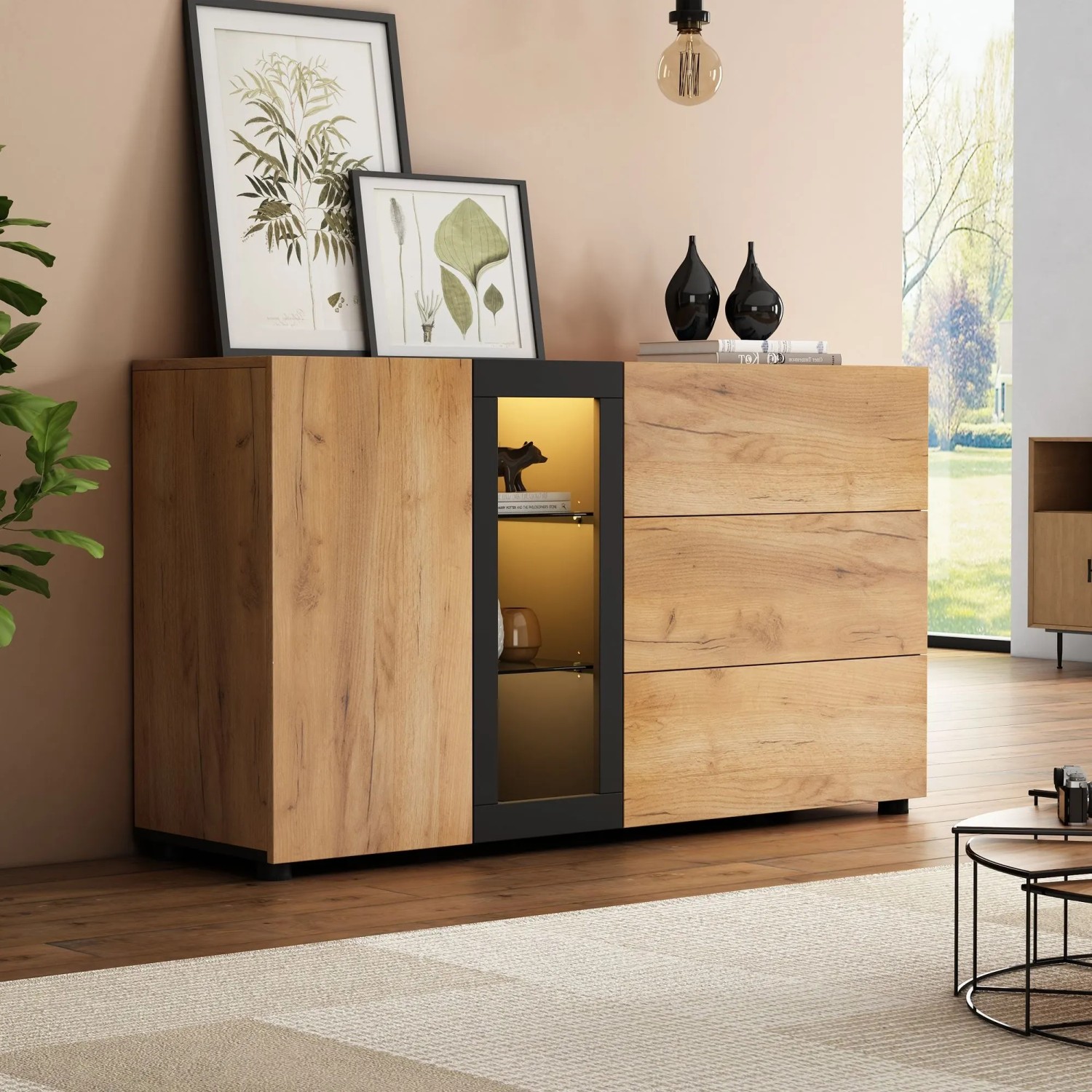 okwish Sideboard mit 3 Schubladen Glas Stauraum Wohnzimmer 140x40x80 cm Natur_3
