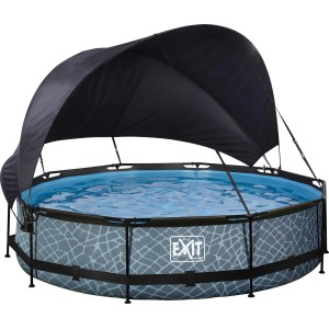 Grauer EXIT Stone Pool ø 360 cm mit Sonnensegel und Filterpumpe.