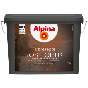 Alpina Farbrezepte Rost-Optik Komplett-Set: Effektfarbe im grauen Eimer mit Rost-Design.