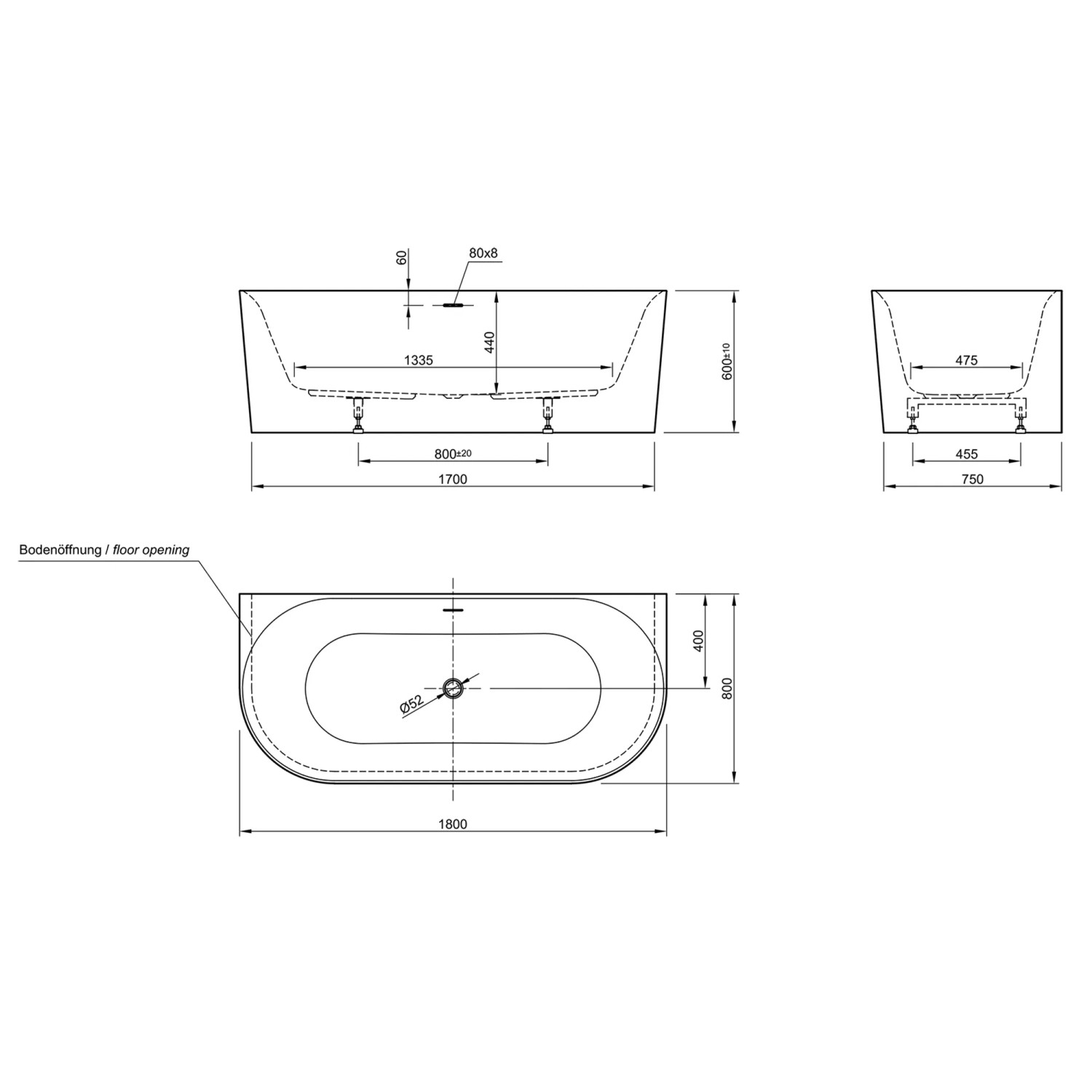 Technische Zeichnung der weißen Ottofond Badewanne Mince, 180 cm, mit Maßangaben.