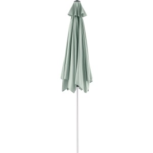 Zusammengefalteter, zyanfarbener Marktschirm Alsea Ø 263 cm mit weißem Mast.