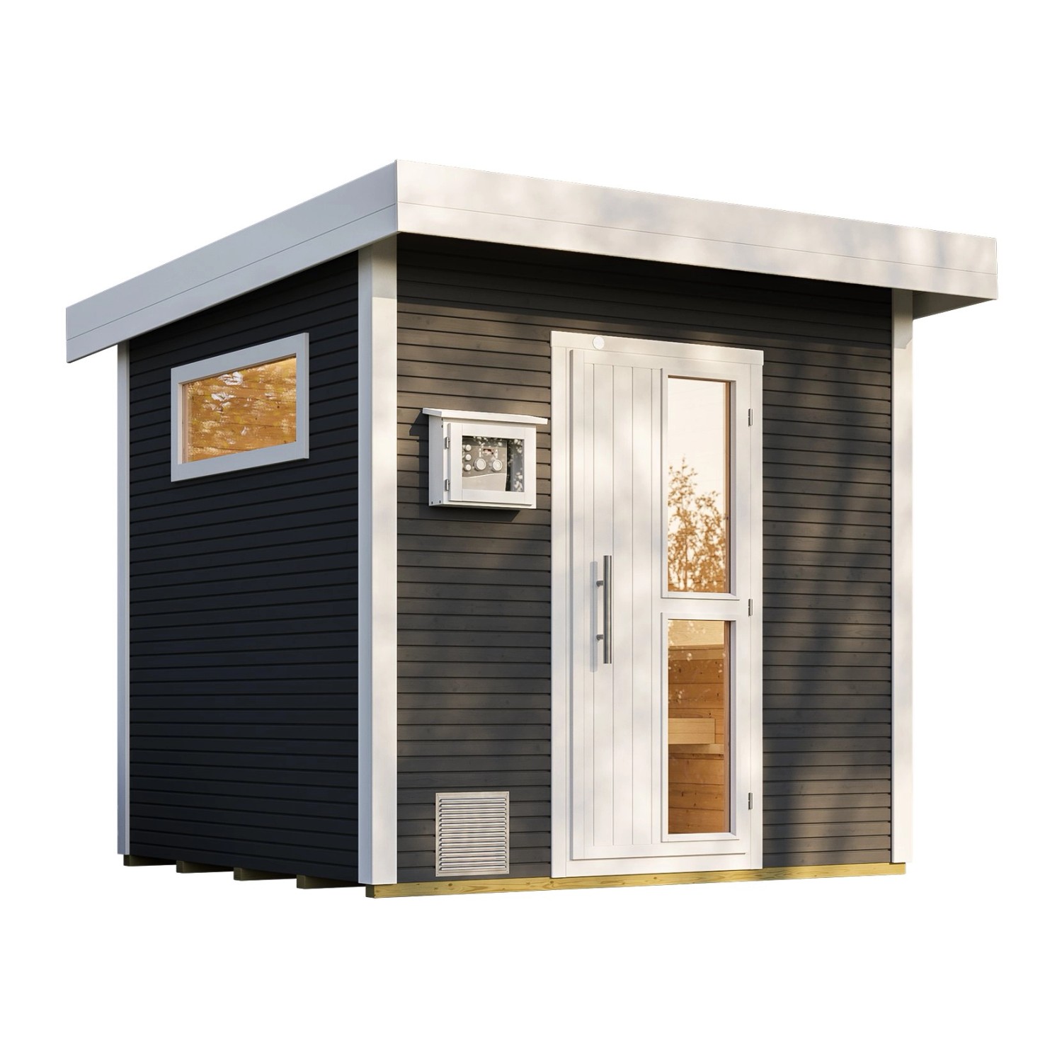 Modernes Weka Design-Saunahaus Kuopio in Anthrazit mit Technikpaket und Fenster.