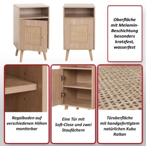 MCW Nachttisch Eiche-Optik mit Kubu Rattan Tür, offenem Fach und verstellbarem Regalboden.