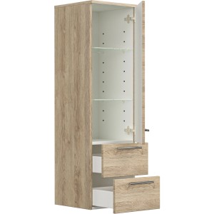 Posseik Bad-Hochschrank in Eiche, 120 cm hoch mit zwei Schubladen und Einlegeböden.
