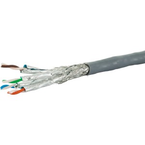 Graues Schwaiger CAT 6A Netzwerkkabel (S/FTP) 50m, unkonfektioniert, mit freiliegenden Adern.