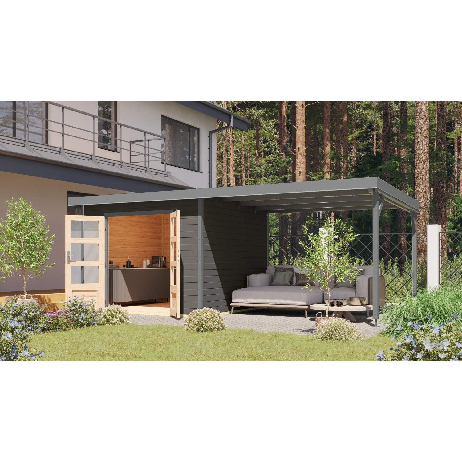Karibu Gartenhaus Domingo B mit Anbaudach, terragrau/grau, 218,5x270x270 cm. Holz-Gartenhaus mit Lounge-Bereich.
